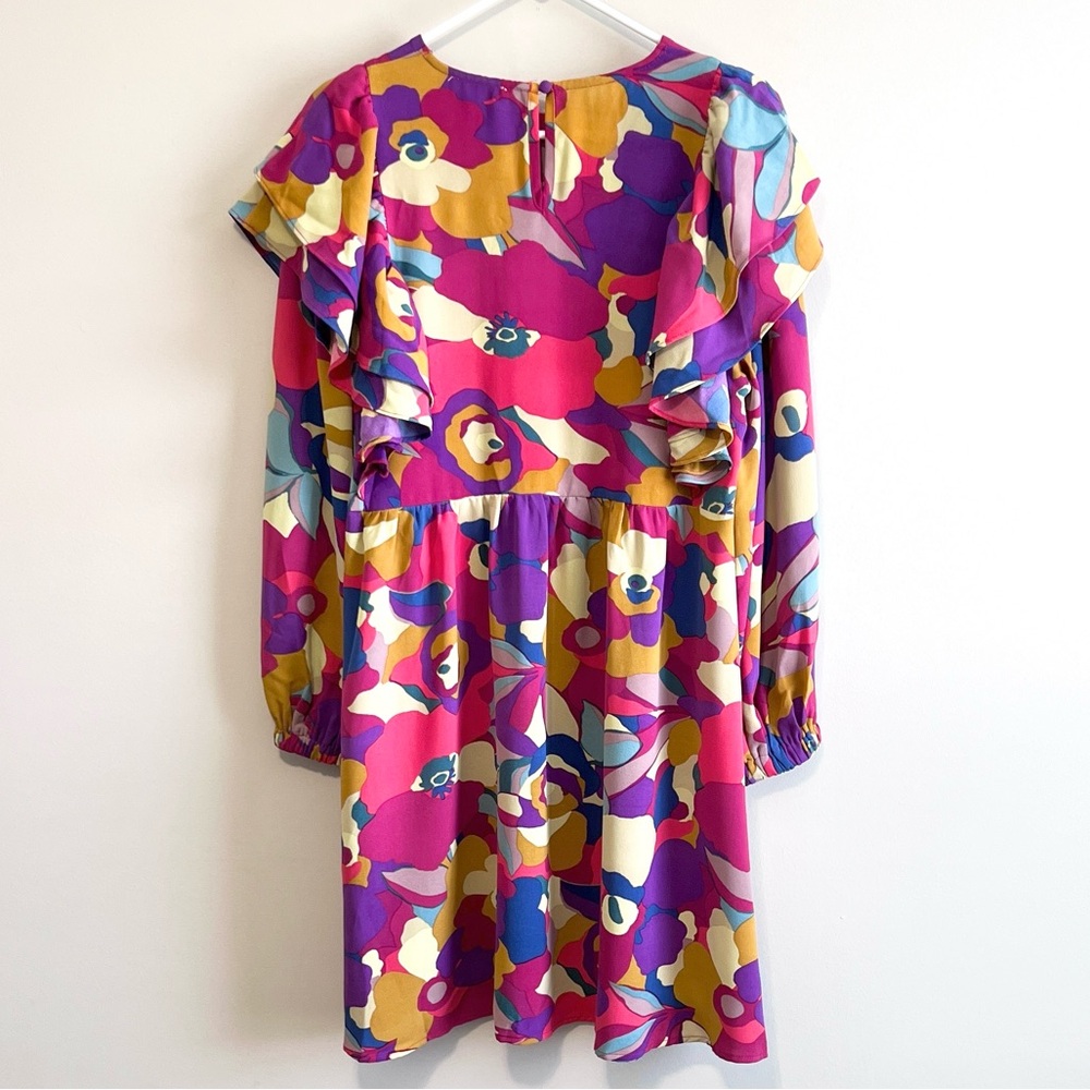 NWT ODDY Abstract Vibrant Floral Ruffle Long Sleeve Mini Dress - Picture 2 of 6